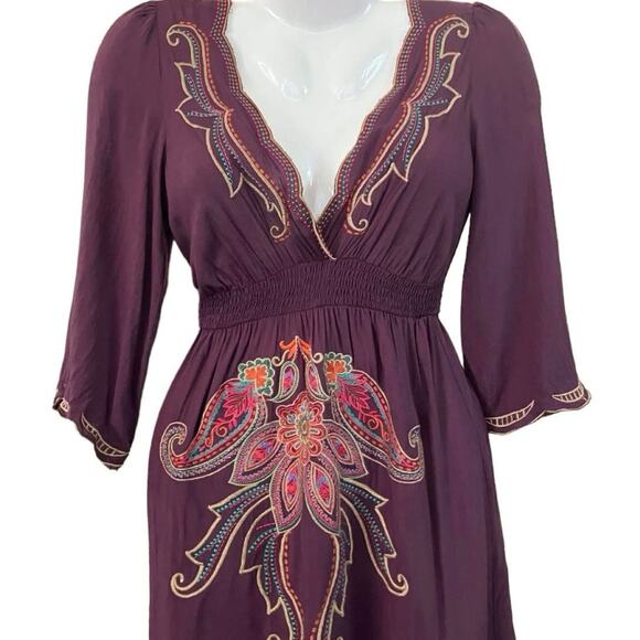 Flying Tomato Women's Plum Woven Smocked Waist Embroidered Mini Dress Boho SZ S - Picture 6 of 10